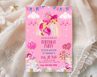 Unicorn Birthday Invitation, Editable Rainbow Party Invite (Digital Download)