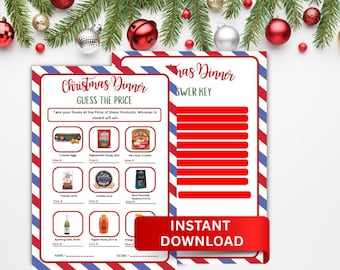 Könnte beinhalten: Ein druckbares "Christmas Dinner Guess the Price"-Spiel mit einem rot-weiß-blauen gestreiften Rand. Das Spiel enthält eine Liste von Produkten, deren Preis erraten werden soll, und einen Antwortschlüssel. Ein rotes Banner lautet "SOFORTIGER DOWNLOAD".