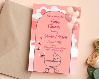 Roze babyshower uitnodiging, uitnodiging meisje douche, afdrukbare kinderwagen uitnodigen, ballon doucheuitnodiging, instant digitale download,