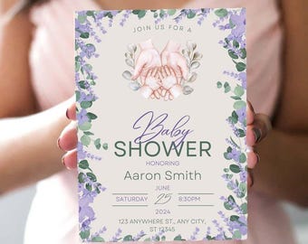 Baby Shower Invitation, Purple Baby Shower Invitation Editable Template (Digital Download)