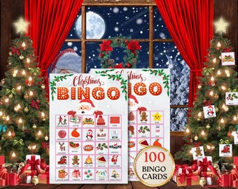 May include: Christmas Bingo game cards with Santa Claus illustrations and festive icons. The cards are displayed in front of a window with a winter scene and Christmas trees. The text "Christmas BINGO" is visible on the cards, along with "100 BINGO CARDS".