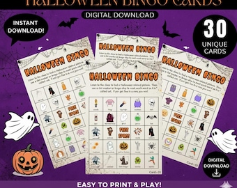 May include: Halloween Bingo cards with a purple background. The cards feature Halloween-themed images and text. The words "Halloween Bingo" and "Digital Download" are visible. The image includes a pumpkin, ghost, and bats. The text says "Easy to print & play! Buy now!"