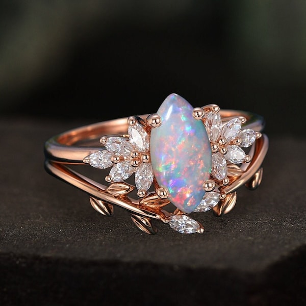 Fire Opal Ring Set Rose Gold White Opal Engagement Ring Set Marquise Opal Ring Set Vintage Opal Ring Set Sterling Silver Promise Ring Set