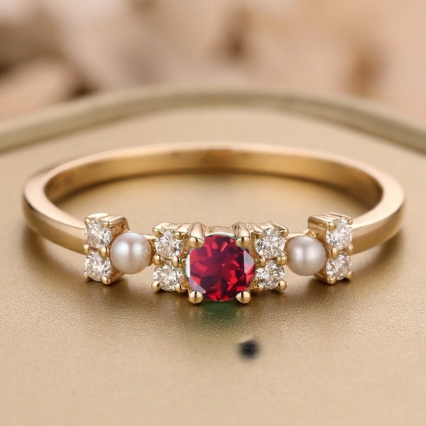 Vintage Ruby Engagement Ring,Natural Pearl Diamond Ring,Art Deco Wedding Band,3 Stone Unique Women Bridal Promise Ring,Rose gold ring