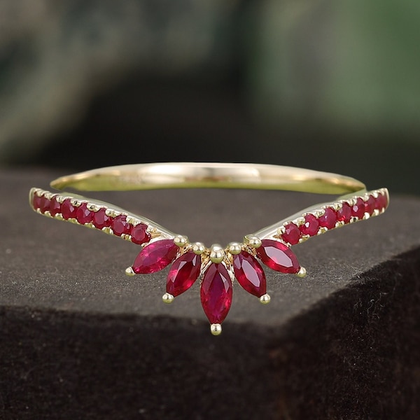 Vintage Stunning Ruby Nesting Band,Ruby Enhancer Curved Band Rose Gold Wedding Band Curved Ring,Unique Matching Half Eternity Bridal Jewelry