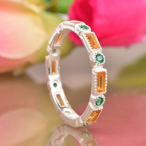 Citrine And Emerald Baguette Cut Full Eternity matching band, engagement ring, Art Deco Wedding Band,Anniversary And Christmas Gift Ring