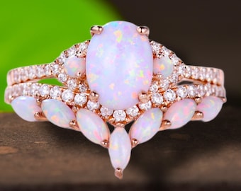 Fire Opal Ring Set Rose Gold White Opal Engagement Ring Set Marquise Opal Ring Set Vintage Opal Ring Set Sterling Silver Promise Ring Set