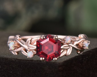 Vintage Hexagon Lab Ruby Ring: 14k Rose Gold Leaf Opal Ring