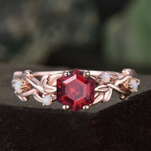 Twig red ruby ring vintage hexagon cut ruby engagement ring solid 14k rose gold leaf opal ring July birthstone ring anniversary ring gift