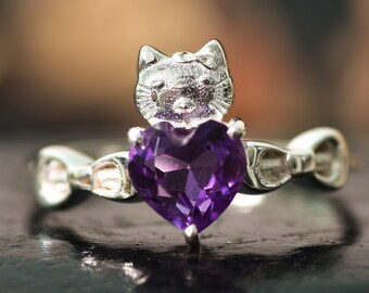 Amethyst Heart cut Trendy Cat Lovers Ring, High Quality Cat Ring, Gift for Cat Lovers, Gift For Her, Sterling Silver Animal Ring,Cat Jewelry