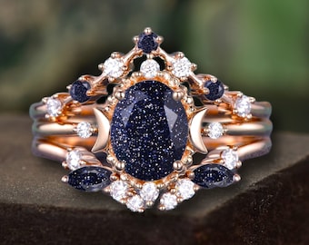 Blue Sandstone Engagement Ring Set: Rose Gold Galaxy Crystal Bridal Set