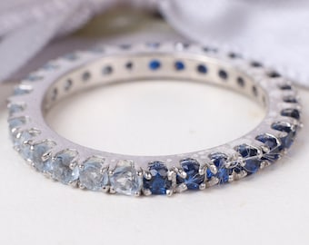 Aquamarine & Blue Sapphire Eternity Band: Sterling Silver Chevron Ring
