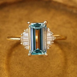 Unique Aquamarine and Moissanite Engagement Ring 925 Sterling Silver, Elegant Art Deco Ring Anniversary Gift vintage Valentine Gift