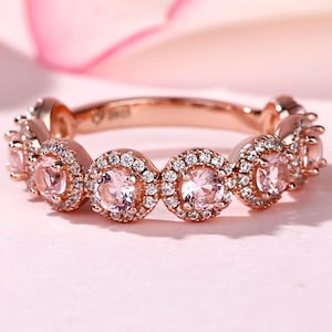 Pink Sapphire and Diamond Ring, 18K Rose Gold Diamond Sapphire Band September Birthstone, Round Cut Light Pink Sapphire Band  Stacking band