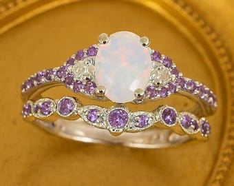 White Fire Opal & Amethyst Ring Set: 14k Sterling Silver Chevron Bridal Jewelry