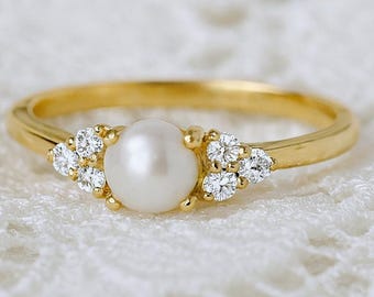 Dainty Freshwater Pearl Ring: CZ Diamond Sterling Silver Vintage Style