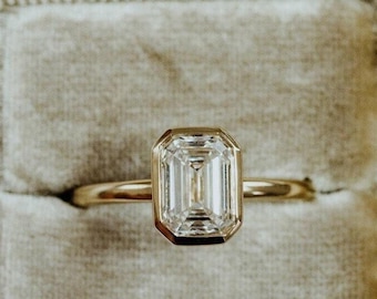 2.5CT Emerald Cut Moissanite Ring: 18k Yellow Gold Bezel Set Wedding Ring
