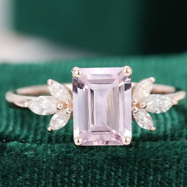 Natural Rose quartz Engagement Ring Emerald Cut Vintage Rose Gold Promise Ring 18K Gold Vermeil 925 Sterling Silver Pink Adjustable Ring