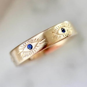 14K Blue Sapphire Good Karma Evil Eye Engraved Band is in 14K Solid Gold & Variants , A Fine Jewelry Gift for Her, Statement Minimalist ring