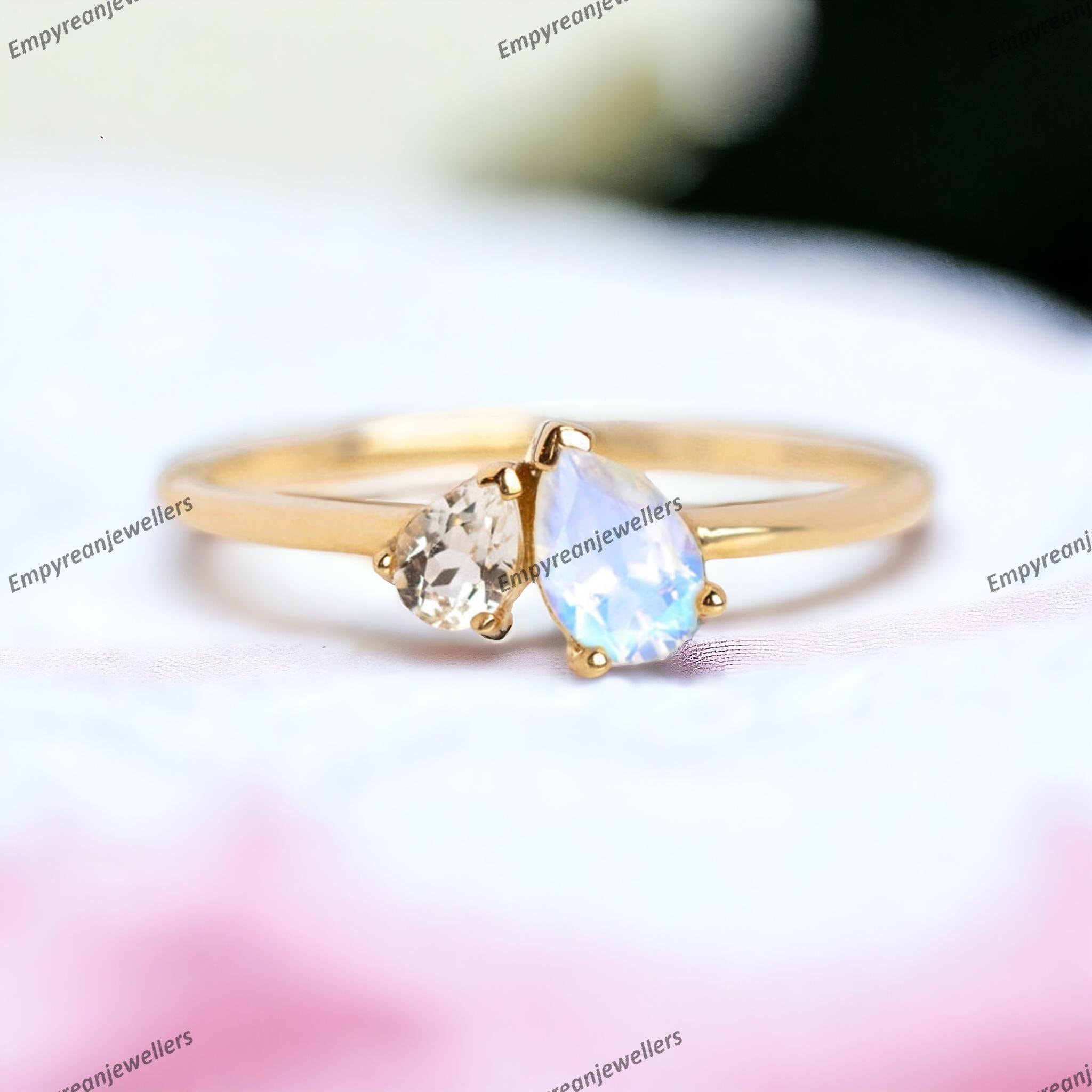 Toi Et Moi Ring: Pear Cut Moonstone & Moissanite Double Stone Ring