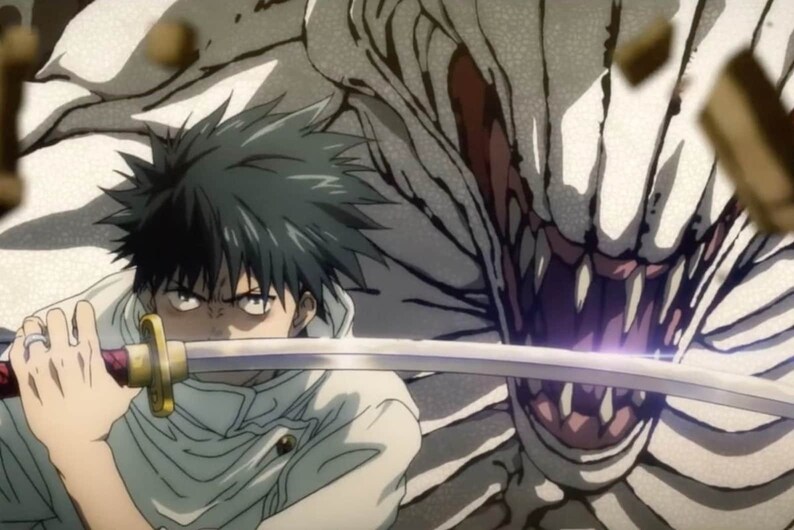 May include: A young man with dark green hair holds a silver sword in front of a large, white, toothy monster.