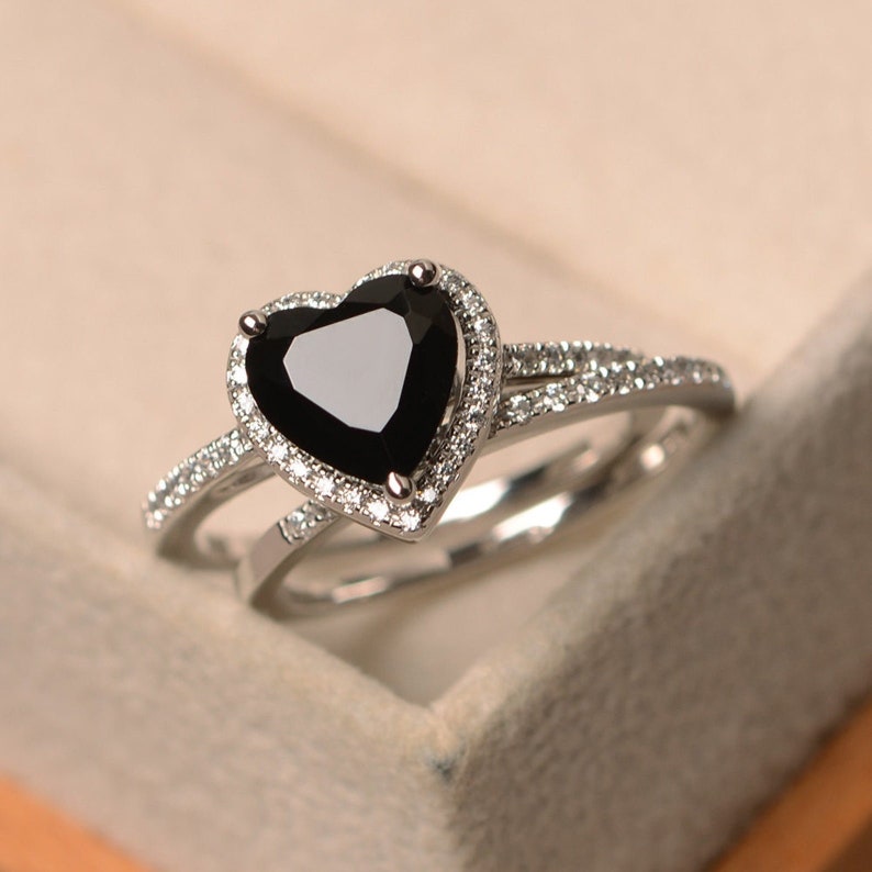 Heart Shape Black Onyx Wedding Ring Promise Ring 925 Sterling | Etsy