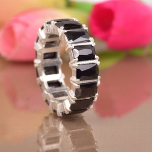 Black Onyx Sterling Silver Eternity Band: Baguette Cut Stacking Ring