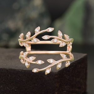 Vintage Enhancer Wedding Band Leaf Moissanite Ring Unique Moissanite Wedding Ring Leaf Branch Ring Match Wedding Ring Yellow Gold Ring