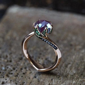 Alexandriet verlovingsring Emerald ring kleurverandering alexandriet ring vintage ring roségouden alexandriet ring unieke ring belofte ring