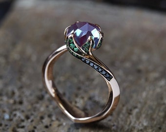 Alexandrite Engagement Ring Emerald Ring Color Change Alexandrite Ring Vintage Ring Rose Gold Alexandrite Ring Unique Ring Promise Ring