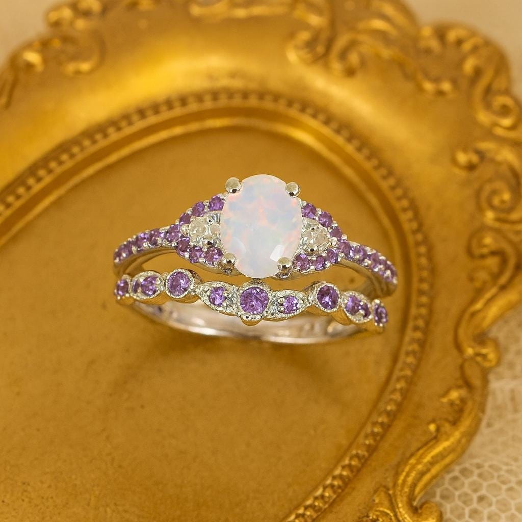 White Fire Opal & Amethyst Ring Set: 14k Sterling Silver Chevron Bridal…