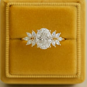 Vintage 2 Ct Oval Moissanite Engagement Ring: 14K Gold Cluster Diamond Halo