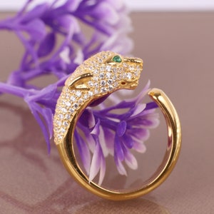 Panterring met groene ogen | Jaguar-ring | Ring tijger geelgouden ring | Dierenring | Vintage ring | Handgemaakte ring | Stijlvolle ring Luipaardringen