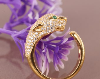 Green Eye Panther Ring | Jaguar Ring | Tiger Ring Yellow Gold Ring | Animal Ring | Vintage Ring | Handmade Ring | Stylish Ring Leopard Rings