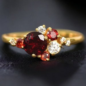 Garnet Cluster Wedding Ring, Diamond Cluster Ring, Unique Garnet Stackable Ring, Women&#39;s Engagement Ring Multi Gemstone Diamond Promise Ring