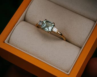 Princess Cut Green Amethyst Ring: Silver Chevron Engagement Ring