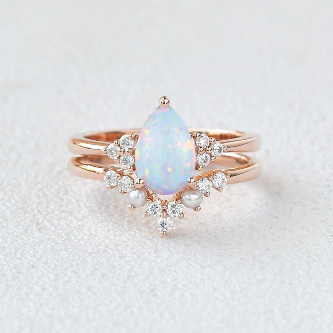 Vintage Pear Opal Bridal Set Rose Gold Pearl Diamond Curved - Etsy