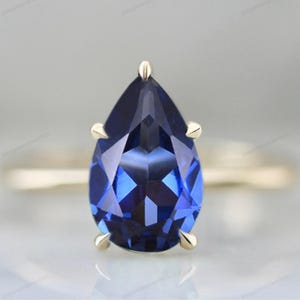 14K Gold Sapphire Engagement Ring | 18K Solid Gold Blue Sapphire Ring | Dainty Pear Cut Sapphire Ring | Womens Teardrop Shape Solitaire Ring