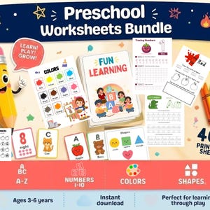 May include: A preschool worksheets bundle featuring 400 printable sheets for ages 3-6. The collection includes educational materials on colors, numbers 1-10, shapes, and the alphabet, displayed with a cartoon pencil character and colorful crayons.
