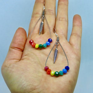 Rainbow Beaded Earrings with Feather
