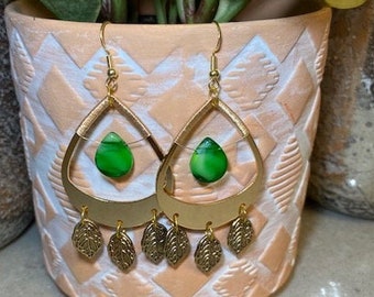 Gold Teardrop Earrings With Green Glass Bead