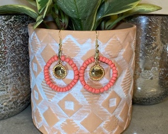 Coral Pink Hoop Beaded Earrings