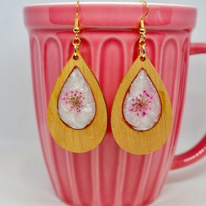 Wooden Teardrop Earrings with Pink Flowers