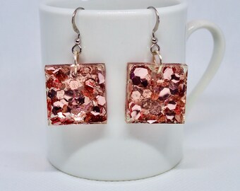Pink Glitter Square-Shaped Earrings