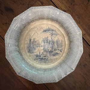 Antique Ironstone Clementson Young & Jameson Large Blue/White Transfer Ware Serving Bowl