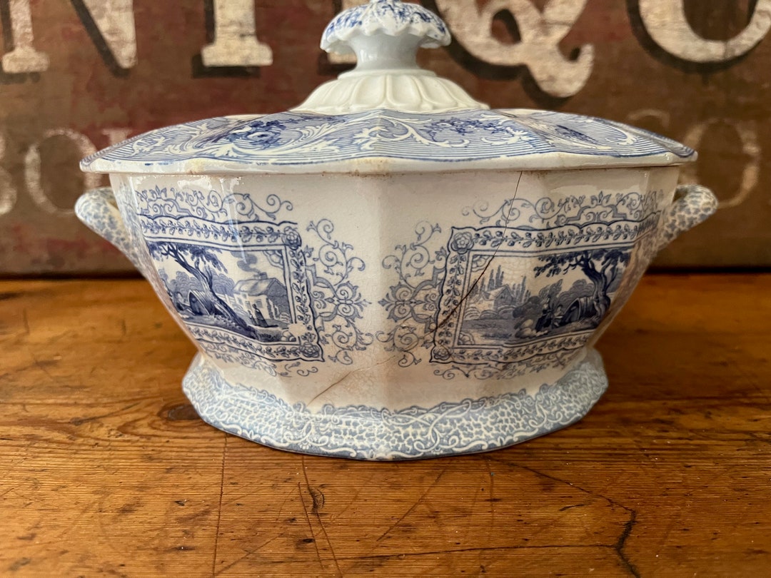 Antique Blue & White Transfer Ware Commode, Romantic Gipsy Pattern, C ...
