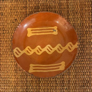 Christopher Woods Museum Piece Slip-Decorated Redware Pottery Plate, signed & dated 1991