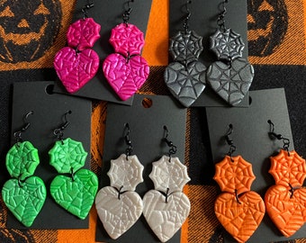 Halloween spiderweb heart earrings