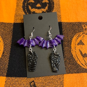 Spooky bat coffin earrings