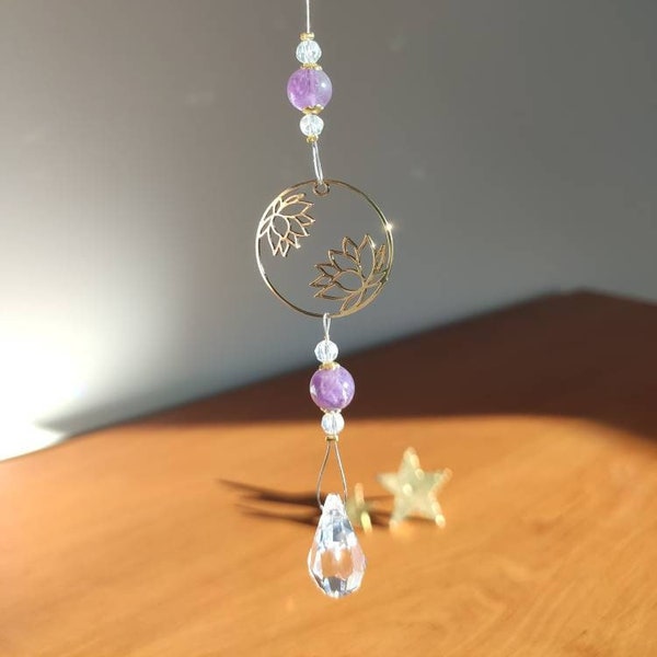 DOUBLE LOTUS Golden suncatcher in natural amethyst stones